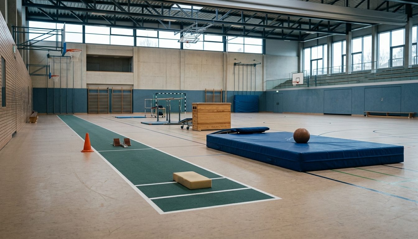 KI-generiertes Symbolbild: Sporthalle mit mehreren aufgebauten Prüfungsstationen ohne Personen, Thema Anforderungen