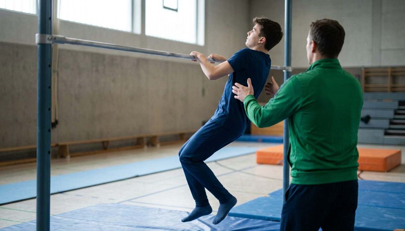 KI-generiertes Symbolbild: Turner schwingt seitlich am Reck, Trainer sichert im Vordergrund, Thema Turnen