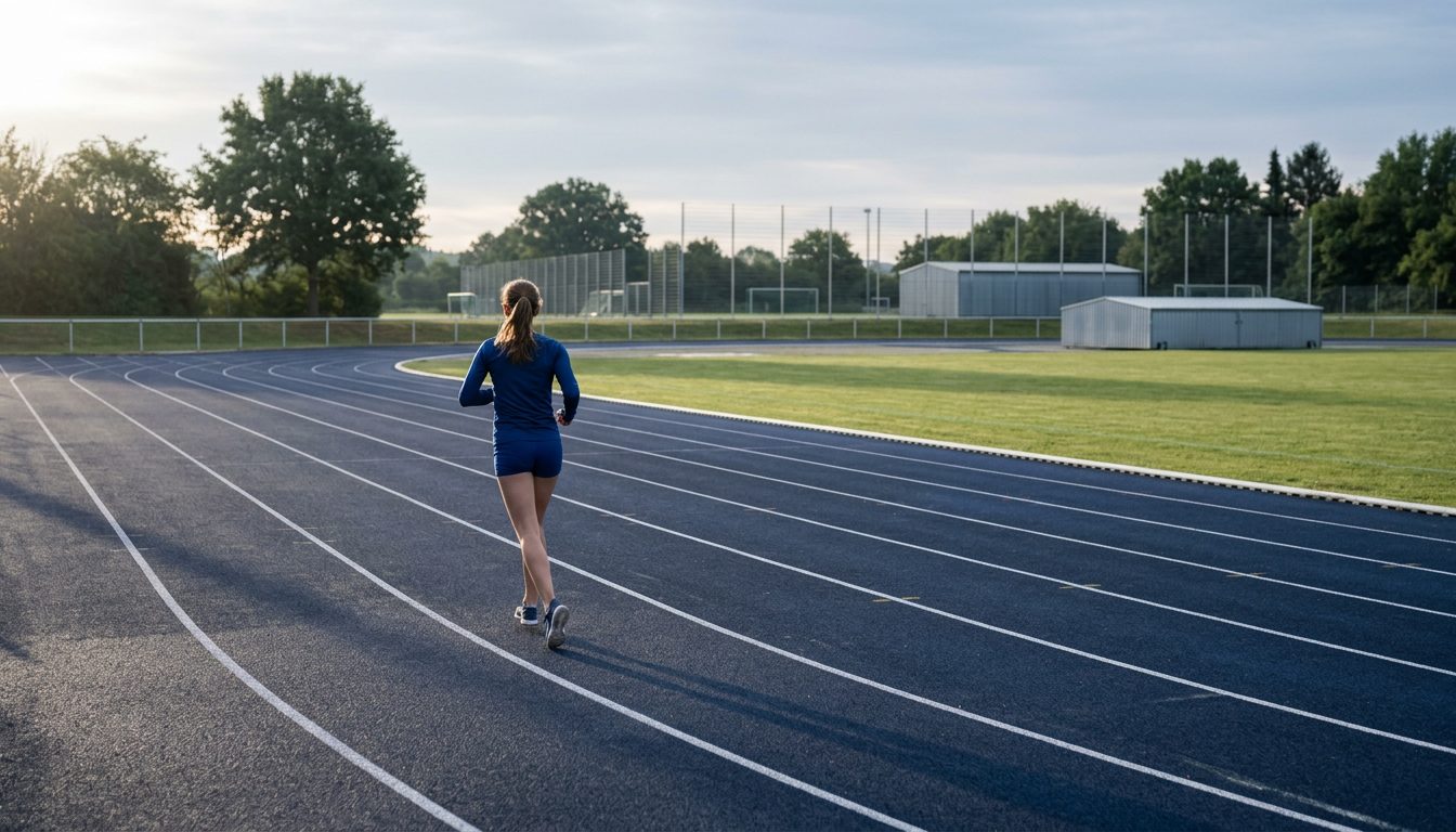 KI-generiertes Symbolbild: Junge Frau joggt bei Sonnenaufgang allein über die Bahn, Thema Vorbereitung Dauer