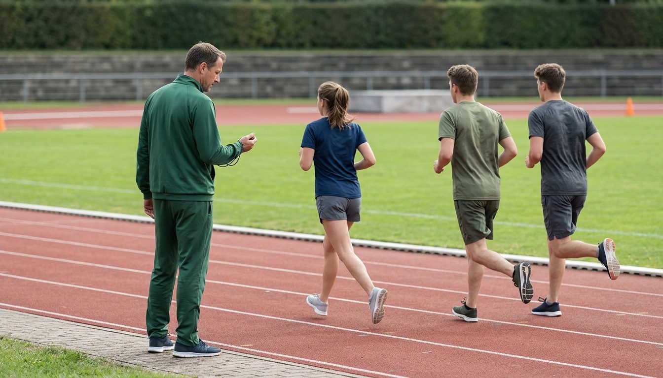 KI-generiertes Symbolbild: Trainingsgruppe übt am Nachmittag unter Anleitung im Freien, Thema Vorbereitungskurse