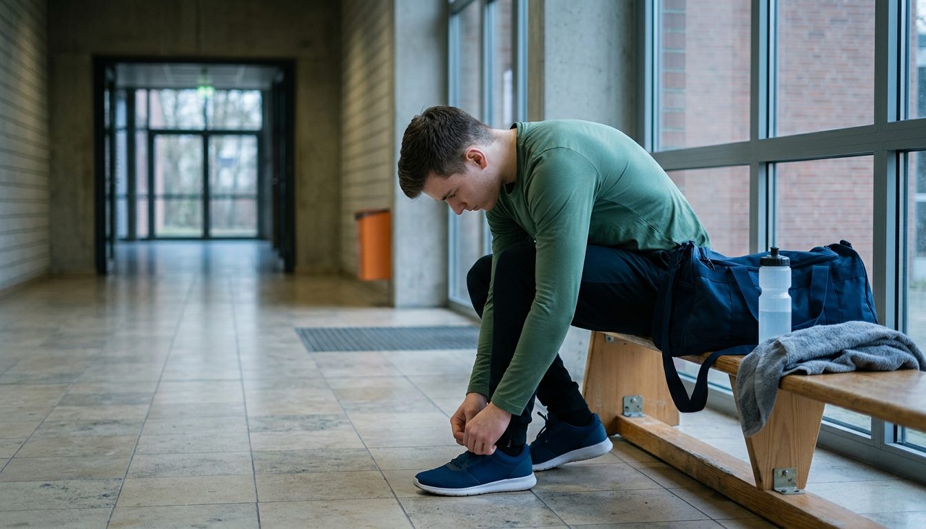KI-generiertes Symbolbild: Junger Mann bindet am Morgen die Schuhe vor der Halle, Thema Tipps Prüfungstag