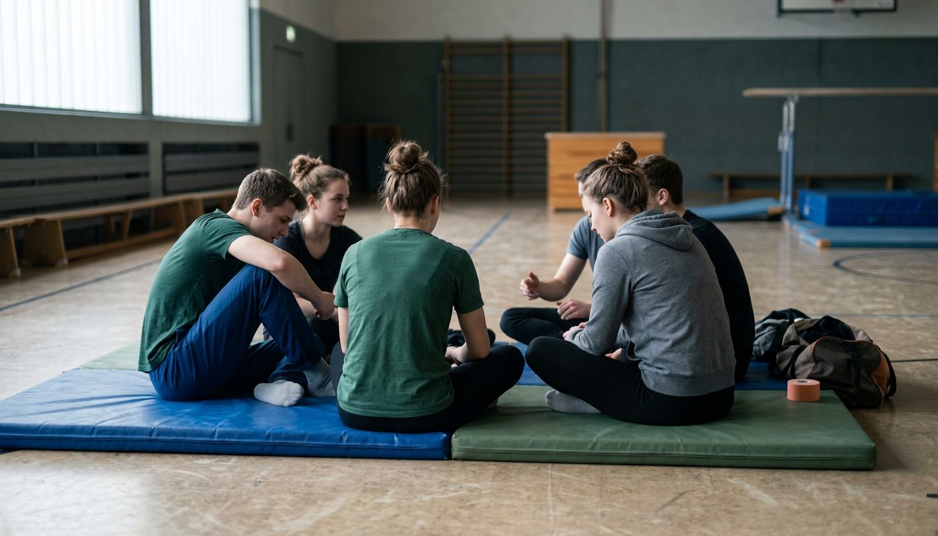 KI-generiertes Symbolbild: Kleine Gruppe sitzt entspannt nach dem Training auf Matten, Thema Erfahrungen