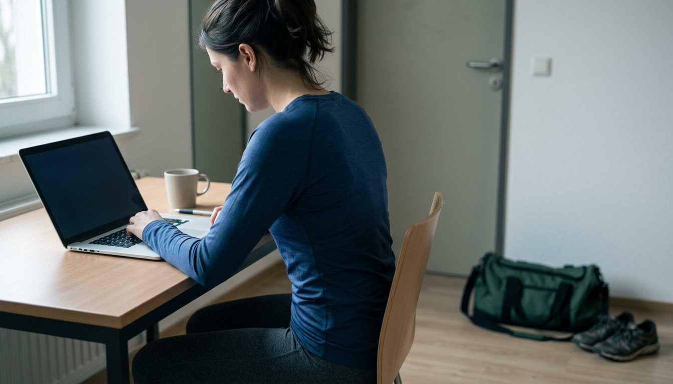 KI-generiertes Symbolbild: Junge Frau sitzt zuhause am Laptop mit leerem Bildschirm, Thema online