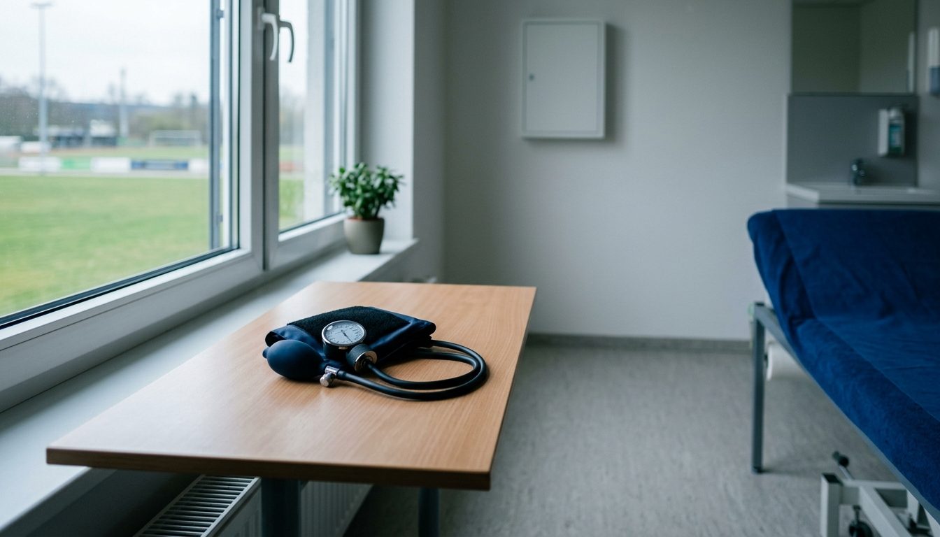 KI-generiertes Symbolbild: Ruhiges Untersuchungszimmer mit Blutdruckmessgerät am Fenster, Thema Krankheit Attest