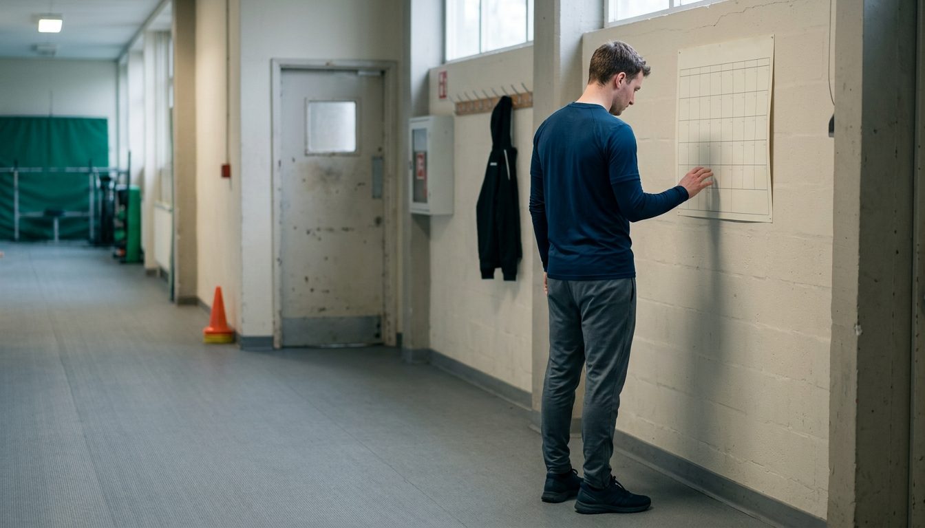 KI-generiertes Symbolbild: Junger Mann prüft im Flur einen leeren Wandkalender, Thema Gültigkeit