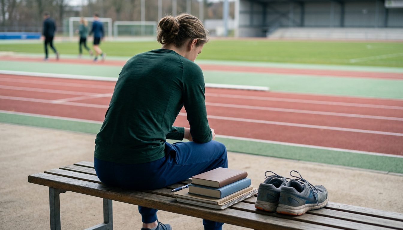 KI-generiertes Symbolbild: Jugendliche sitzt mit Schulbüchern und Laufschuhen an der Bahn, Thema vor dem Abitur
