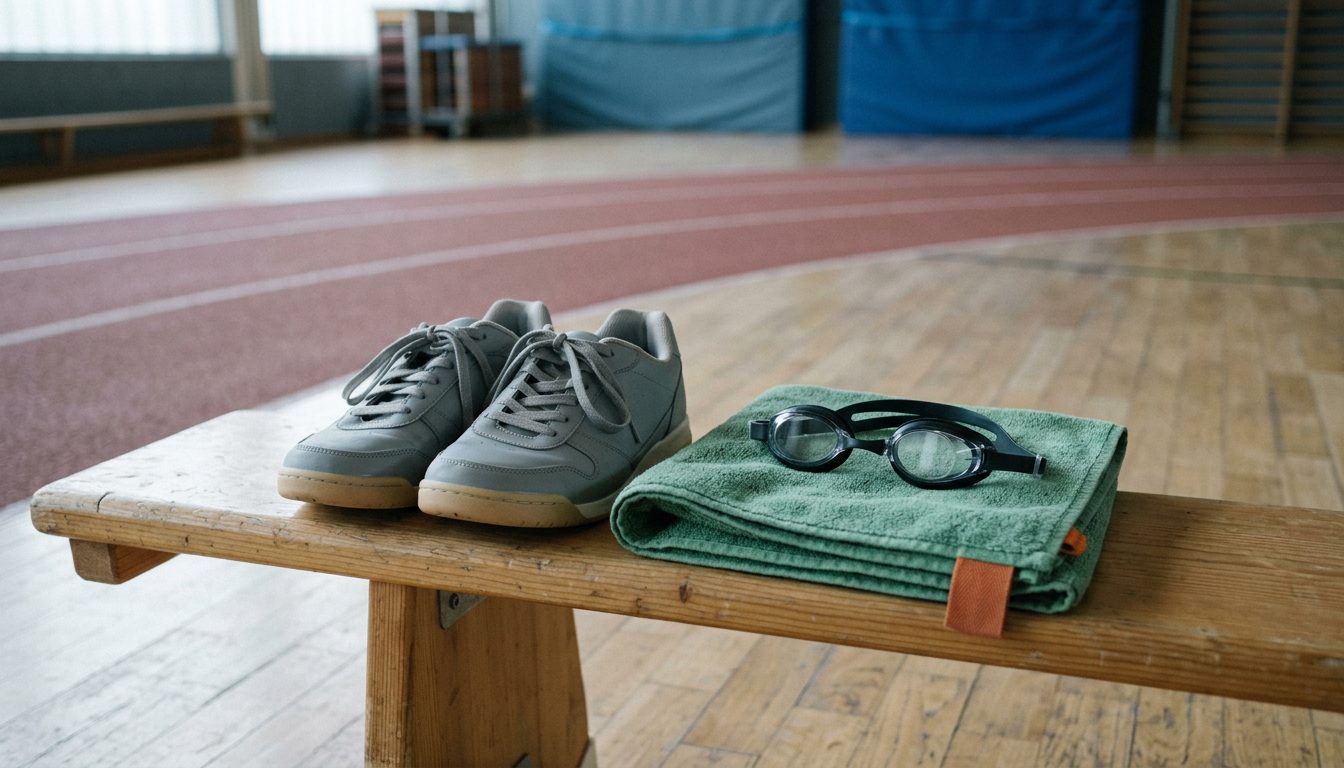 KI-generiertes Symbolbild: Hallenschuhe, Schwimmbrille und Handtuch liegen ordentlich bereit, Thema Ausrüstung