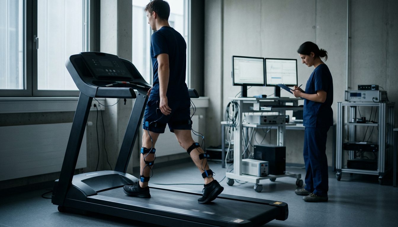 KI-generiertes Symbolbild: Studierende geht im Bewegungslabor auf dem Laufband mit Sensoren, Thema Sportwissenschaft