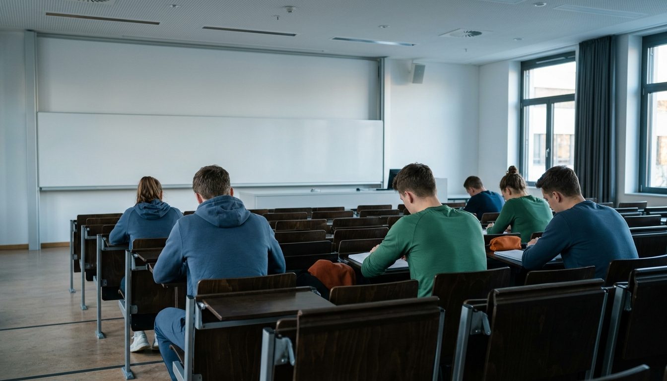KI-generiertes Symbolbild: Hörsaal von hinten mit mitschreibenden Studierenden, Thema Sportmanagement