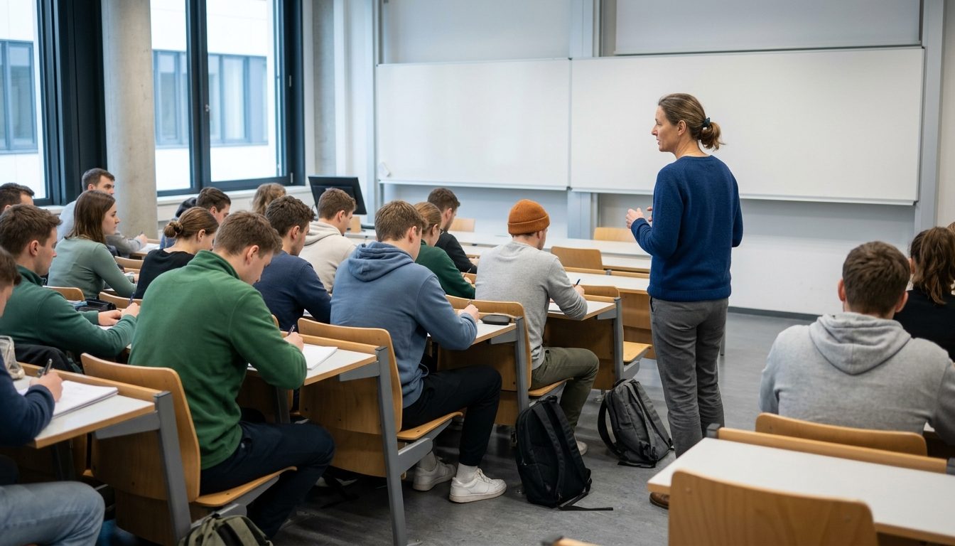 KI-generiertes Symbolbild: Hörsaal von der Seite mit Dozentin vor leerer Tafel, Thema Lehramt studieren