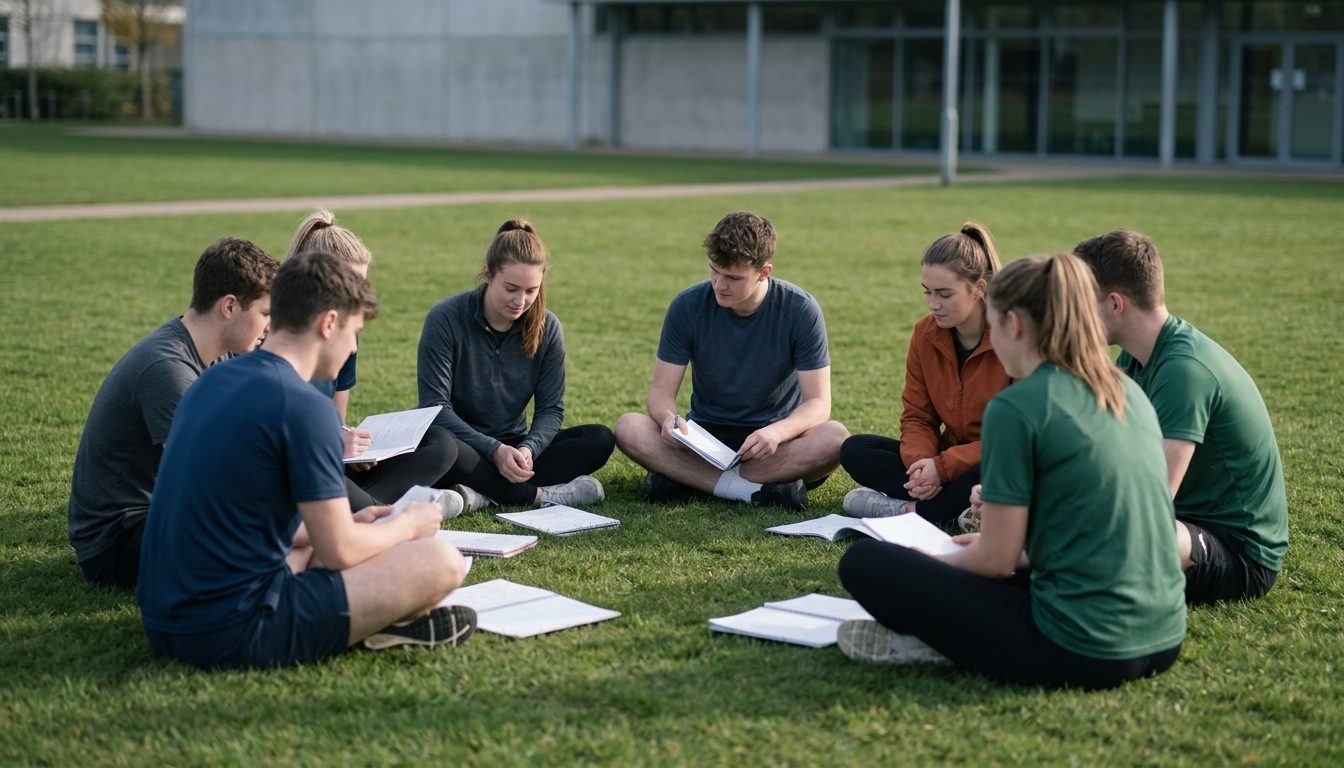 KI-generiertes Symbolbild: Studierende sitzen im Kreis mit Notizheften auf der Wiese, Thema ohne NC