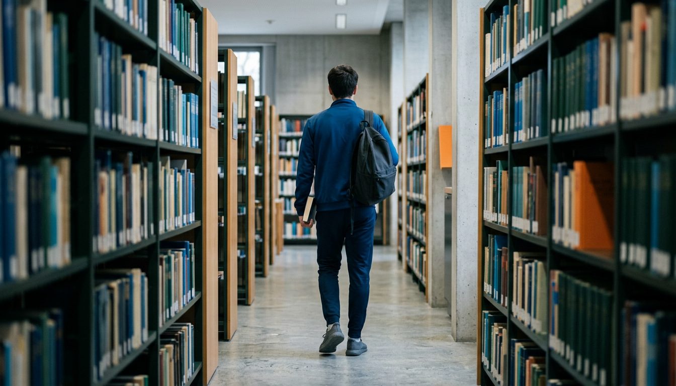 KI-generiertes Symbolbild: Studierender liest von hinten in ruhiger Bibliothek, Thema Fachhochschulreife