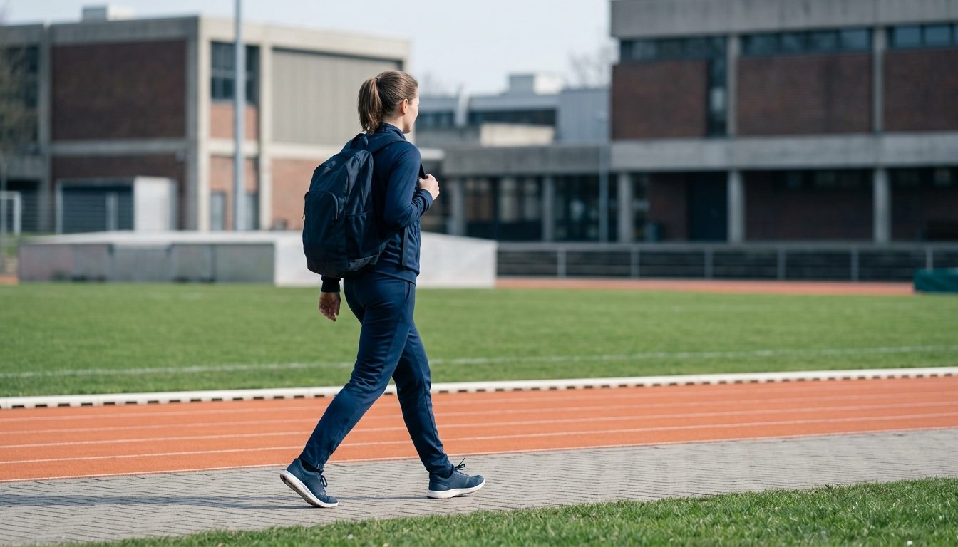KI-generiertes Symbolbild: Etwas älterer Studierender geht am Vormittag über den Campus, Thema ohne Abitur