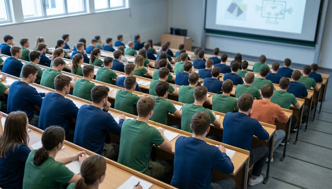 KI-generiertes Symbolbild: Voller Hörsaal aus erhöhter Perspektive von hinten, Thema Dauer und Abschlüsse