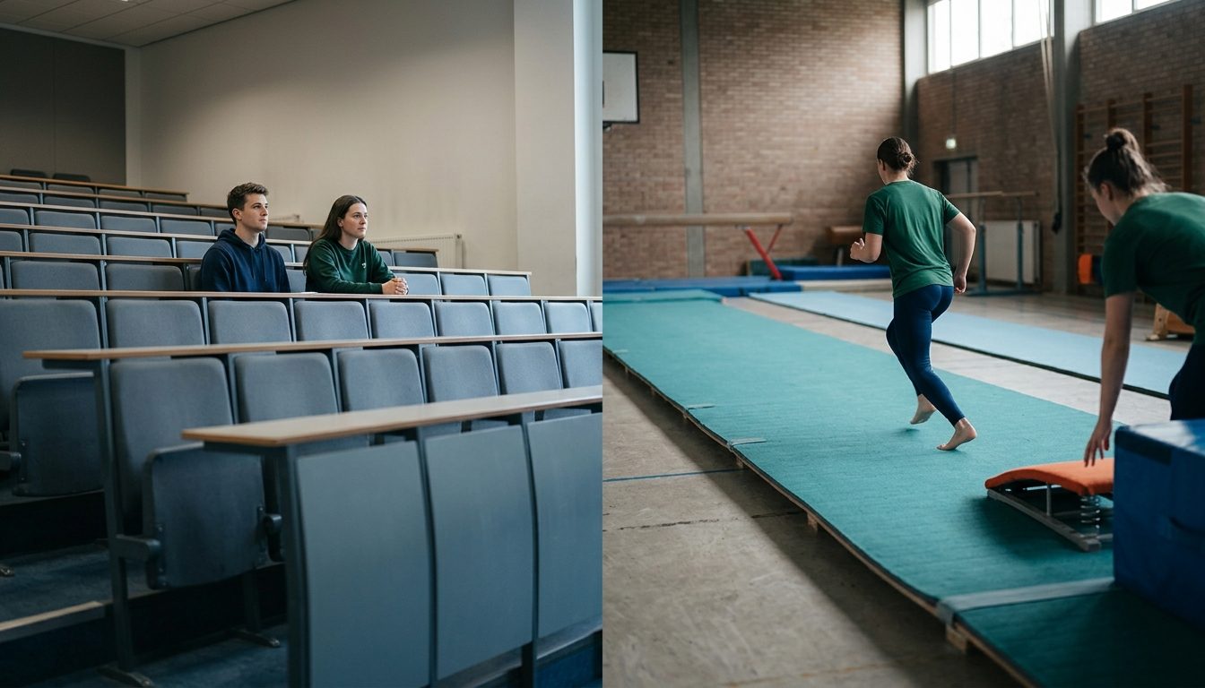KI-generiertes Symbolbild: Hörsaal und Sporthalle stehen nebeneinander im Bild, Thema Inhalte Studium