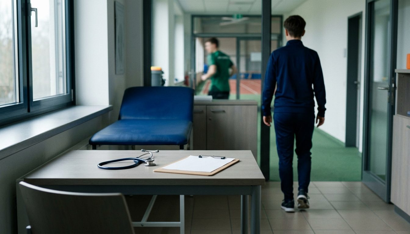 KI-generiertes Symbolbild: Ruhiges Untersuchungszimmer mit Stethoskop und leerem Klemmbrett, Thema Sportmedizin
