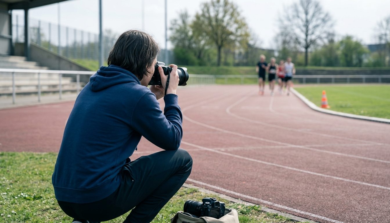 KI-generiertes Symbolbild: Junge Person fotografiert Läufer von der Bahnkante, Thema Sportjournalismus
