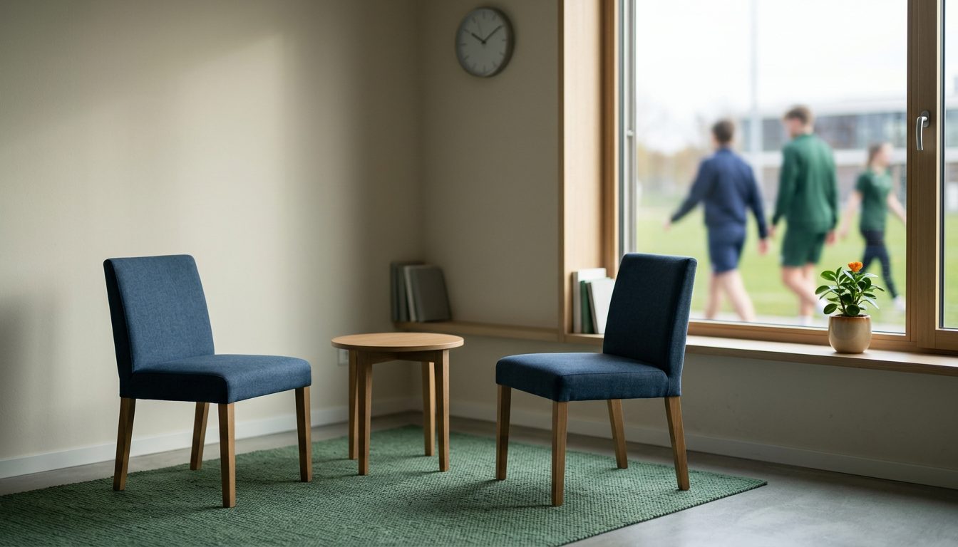 KI-generiertes Symbolbild: Ruhiger Beratungsraum mit zwei Stühlen am Fenster, Thema Sportpsychologie