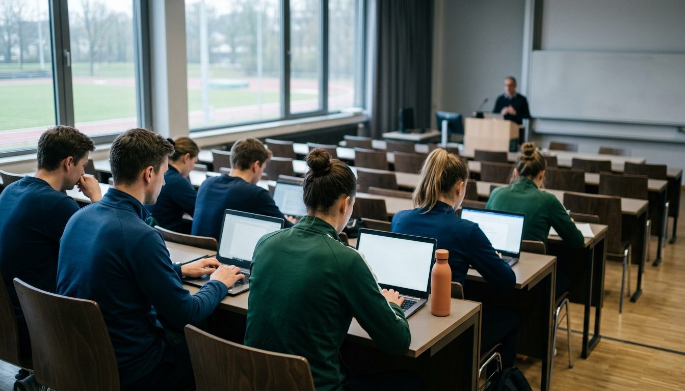 KI-generiertes Symbolbild: Hörsaal mit Studierenden an Laptops mit leeren Bildschirmen, Thema Sportökonomie