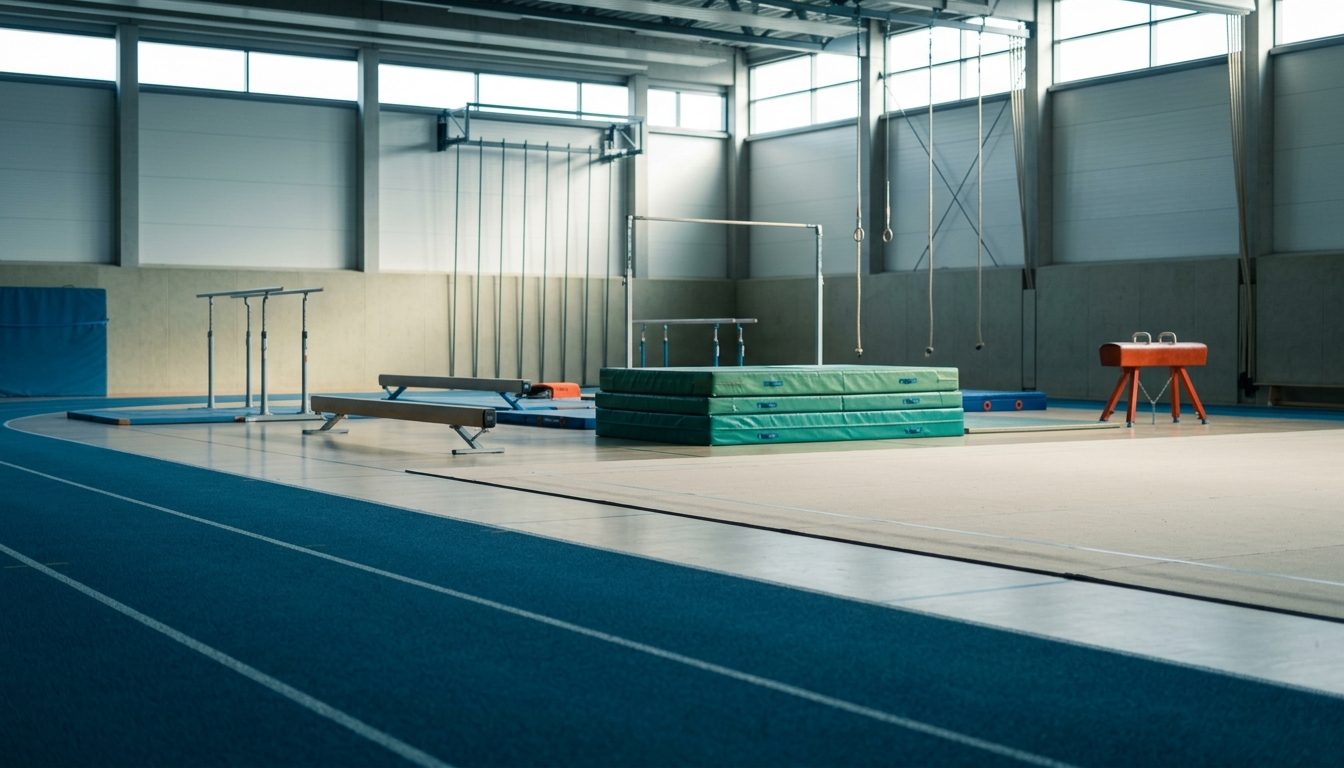 KI-generiertes Symbolbild: Weiter Blick in eine helle Sporthalle mit Bahn und Geräten, Thema beste Sport-Unis