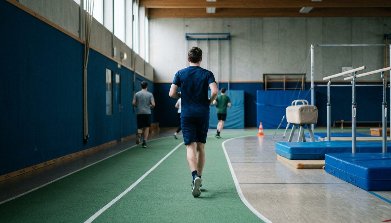 KI-generiertes Symbolbild: Generische Sporthalle mit Laufbahn und Turngeräten, Thema Sporthochschule Köln