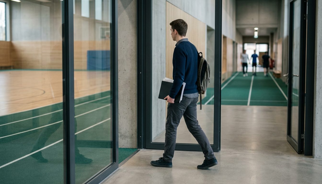 KI-generiertes Symbolbild: Junge Person geht mit Mappe durch den Eingang der Halle, Thema duales Studium