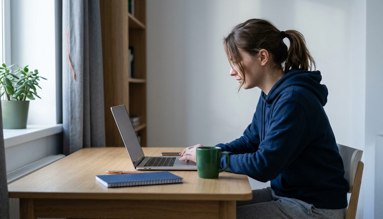 KI-generiertes Symbolbild: Studierende sitzt zuhause am Schreibtisch mit Laptop und Tasse, Thema Fernstudium