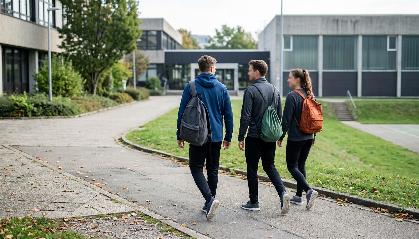 KI-generiertes Symbolbild: Studierende gehen mit Taschen zwischen Hörsaal und Halle, Thema Studienerfahrungen