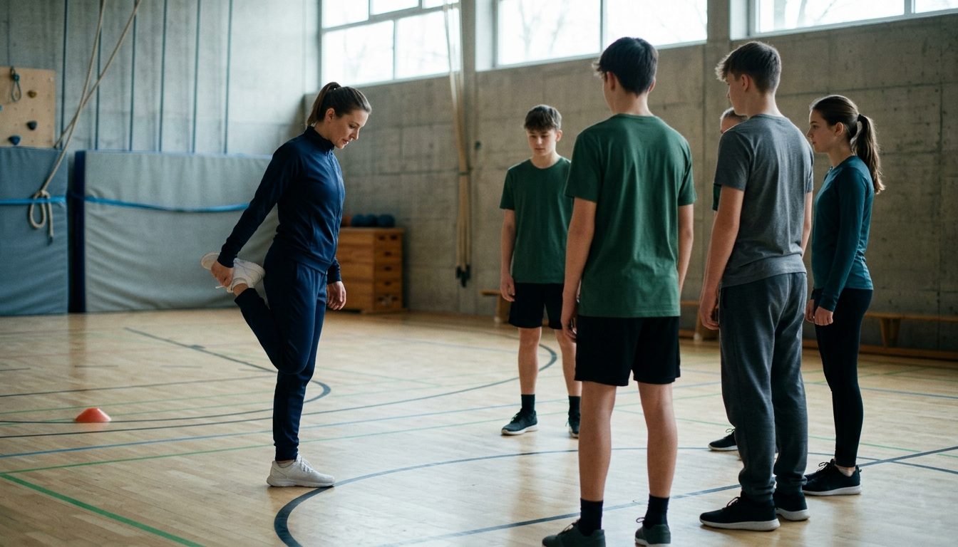 KI-generiertes Symbolbild: Junge Lehrkraft zeigt einer Gruppe am Vormittag eine Dehnübung, Thema Sportlehrer werden
