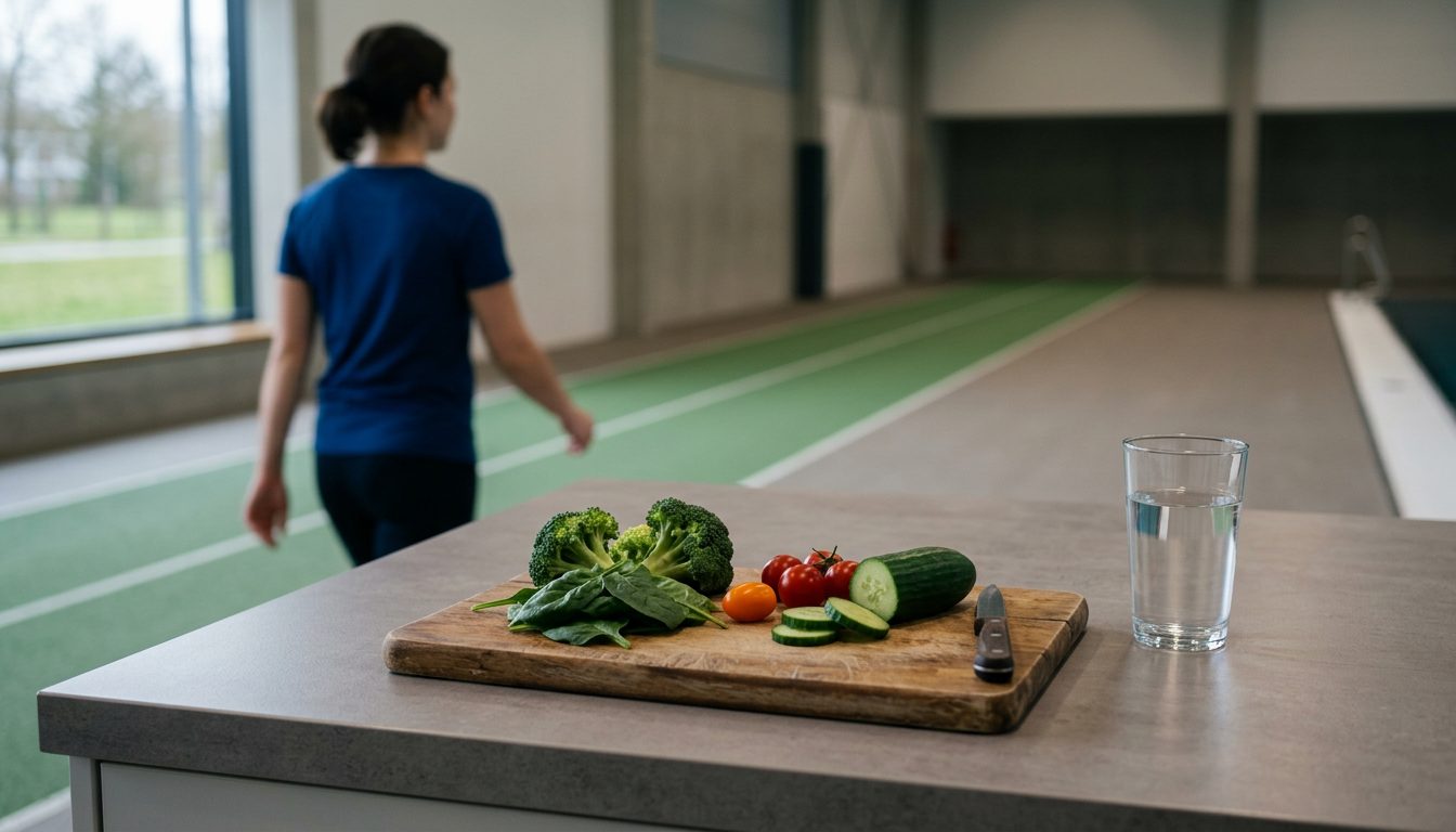 KI-generiertes Symbolbild: Küchentheke mit Gemüse und einem Glas Wasser im Morgenlicht, Thema Sport und Ernährung