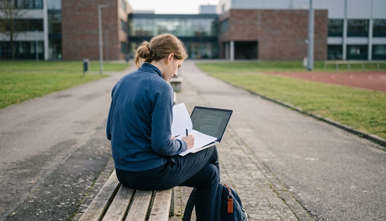 KI-generiertes Symbolbild: Junge Frau füllt auf einer Campusbank ein Formular aus, Thema Bewerbung