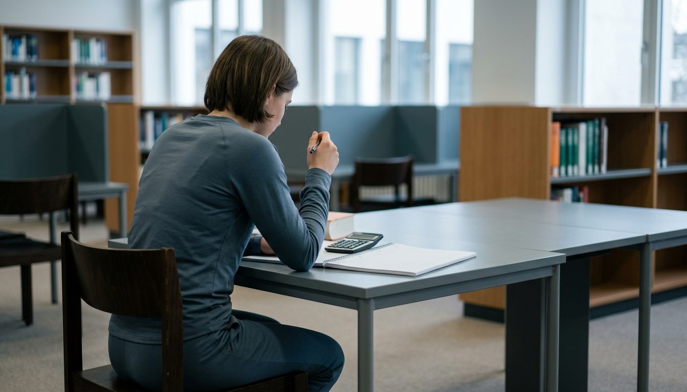 KI-generiertes Symbolbild: Studierender rechnet in der Bibliothek mit Taschenrechner und Heft, Thema Kosten Finanzierung