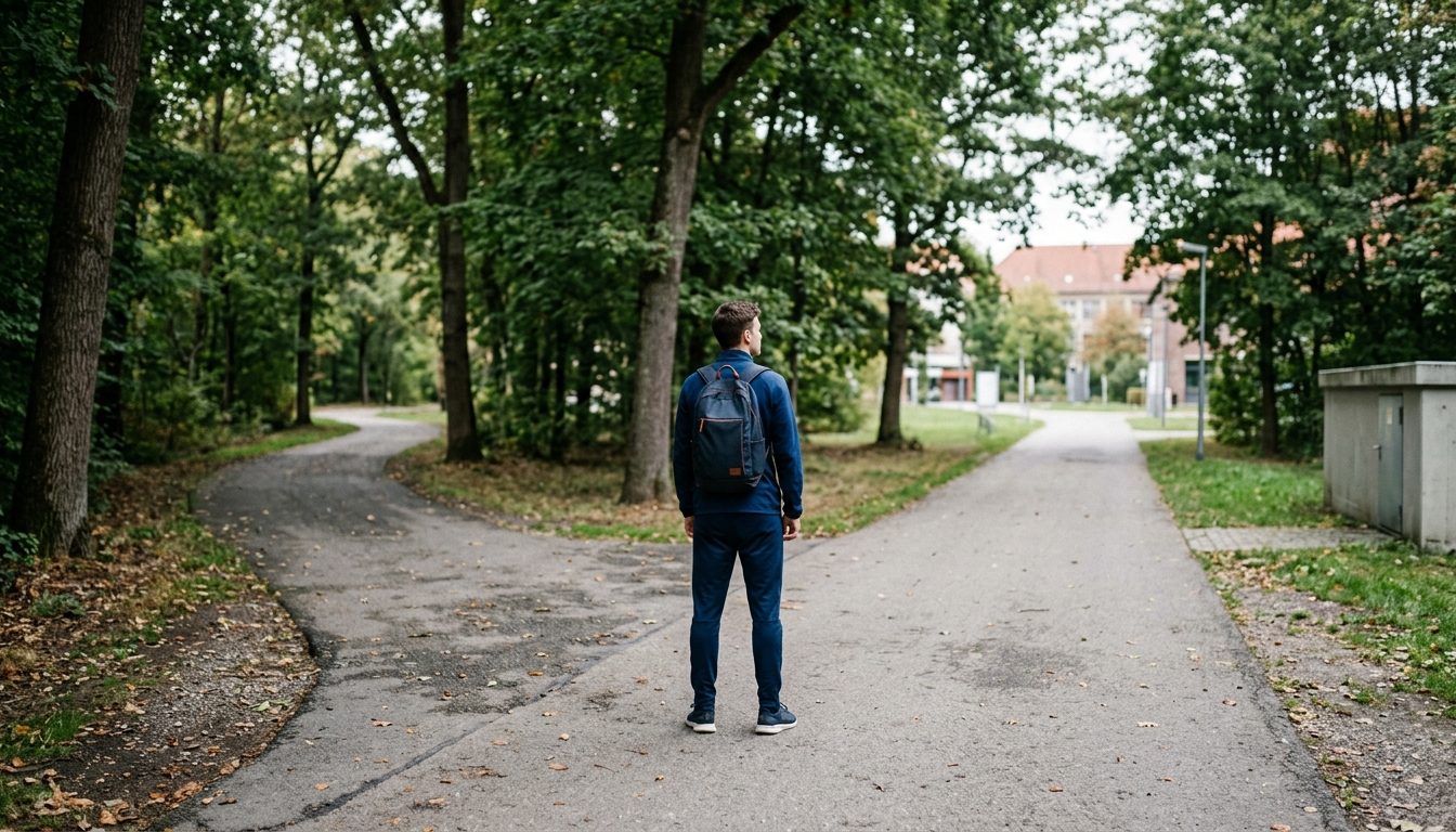 KI-generiertes Symbolbild: Studierender steht nachdenklich an einer Weggabelung auf dem Campus, Thema Studium wechseln