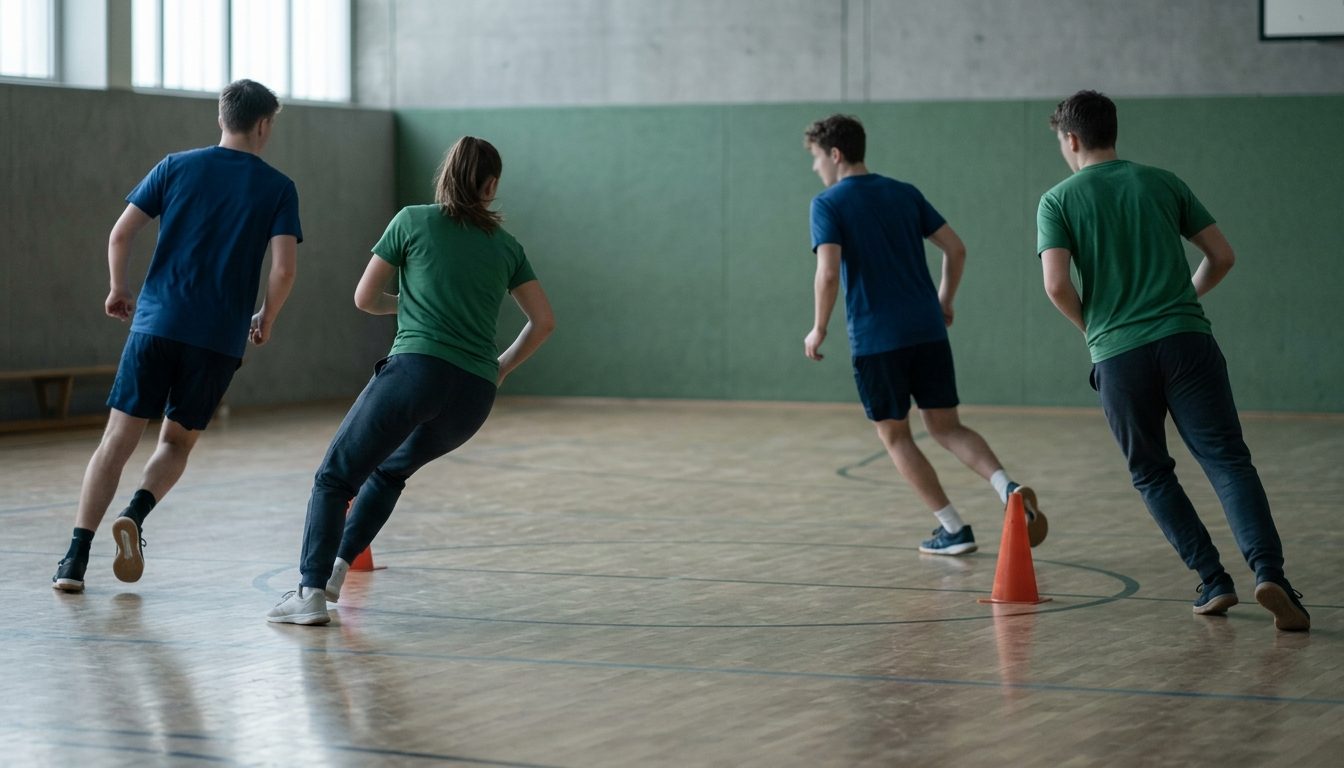 KI-generiertes Symbolbild: Gruppe übt am Vormittag einen Pendellauf in der Halle, Thema Sporttest Polizei