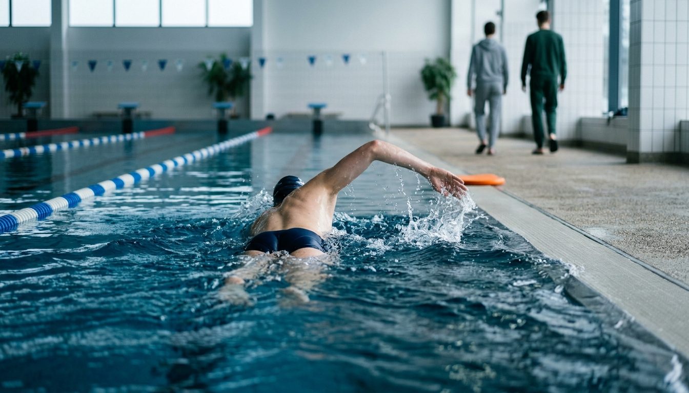 KI-generiertes Symbolbild: Schwimmer zieht am Morgen eine ruhige Bahn im Becken, Thema Polizei NRW