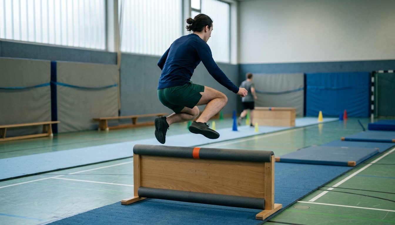 KI-generiertes Symbolbild: Athletin springt mitten in der Bewegung über ein Hindernis, Thema Polizei Berlin