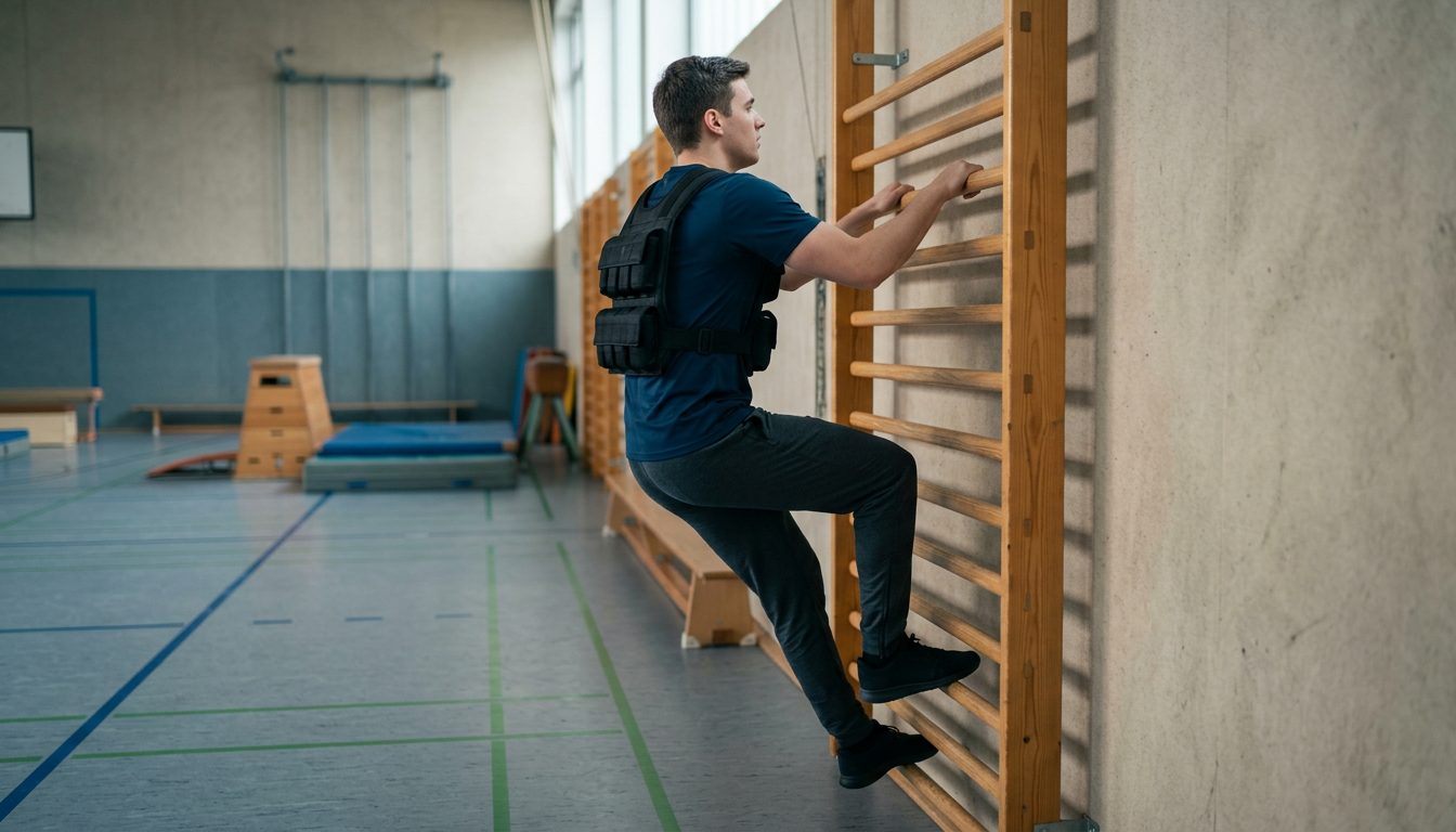 KI-generiertes Symbolbild: Athletin klettert mit Gewichtsweste an der Sprossenwand hoch, Thema Feuerwehr