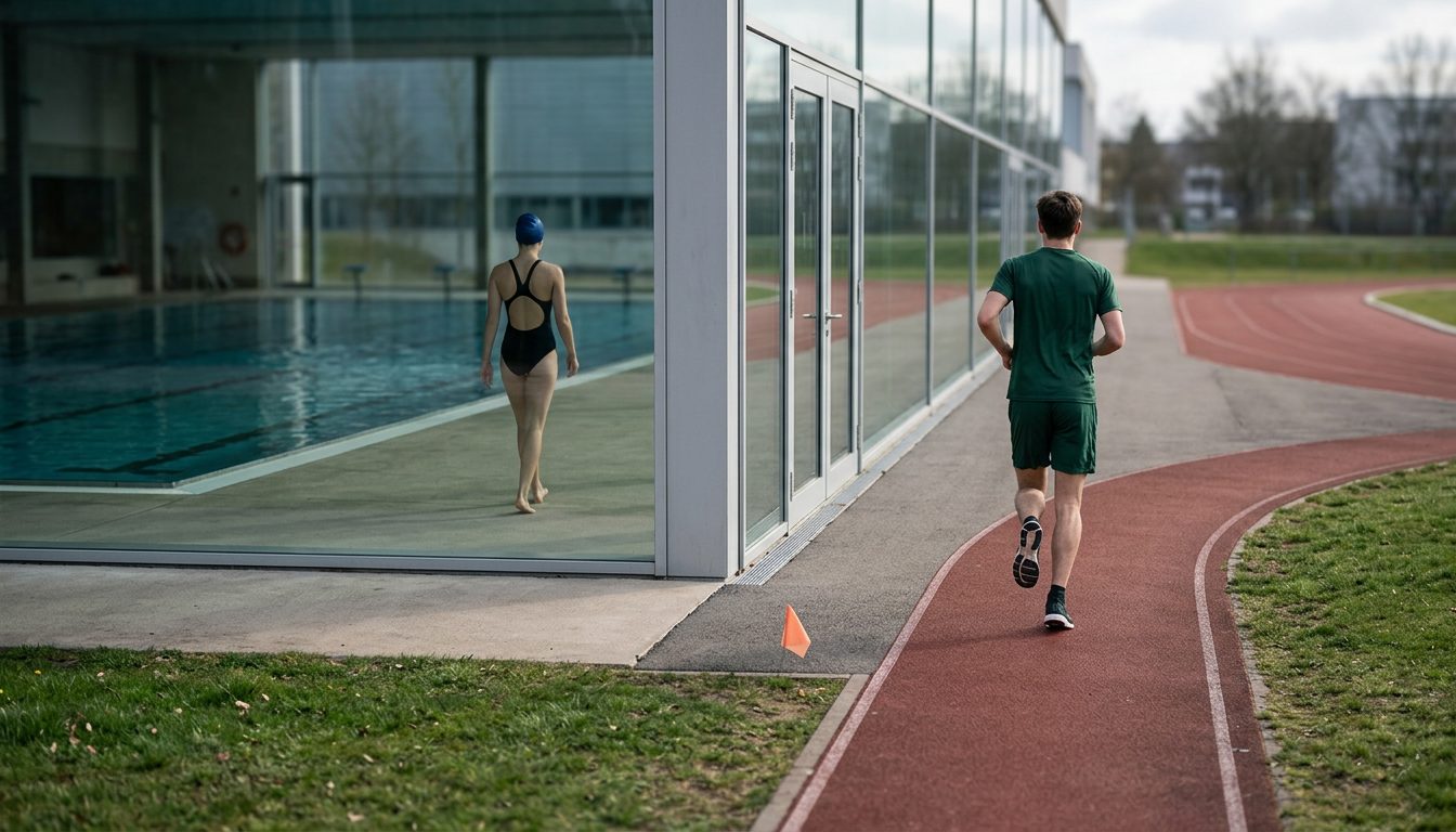KI-generiertes Symbolbild: Schwimmbecken und Außenbahn liegen in einer Szene nebeneinander, Thema Zoll