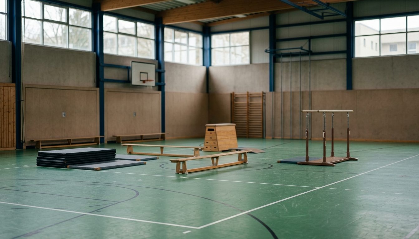 KI-generiertes Symbolbild: Turnhalle mit mehreren aufgebauten Fitnessstationen ohne Personen, Thema Justizvollzug