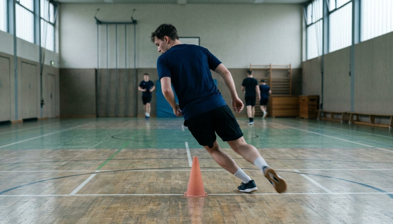 KI-generiertes Symbolbild: Athletin wendet scharf am Markierungspunkt beim Pendellauf, Thema Pendellauf Polizei