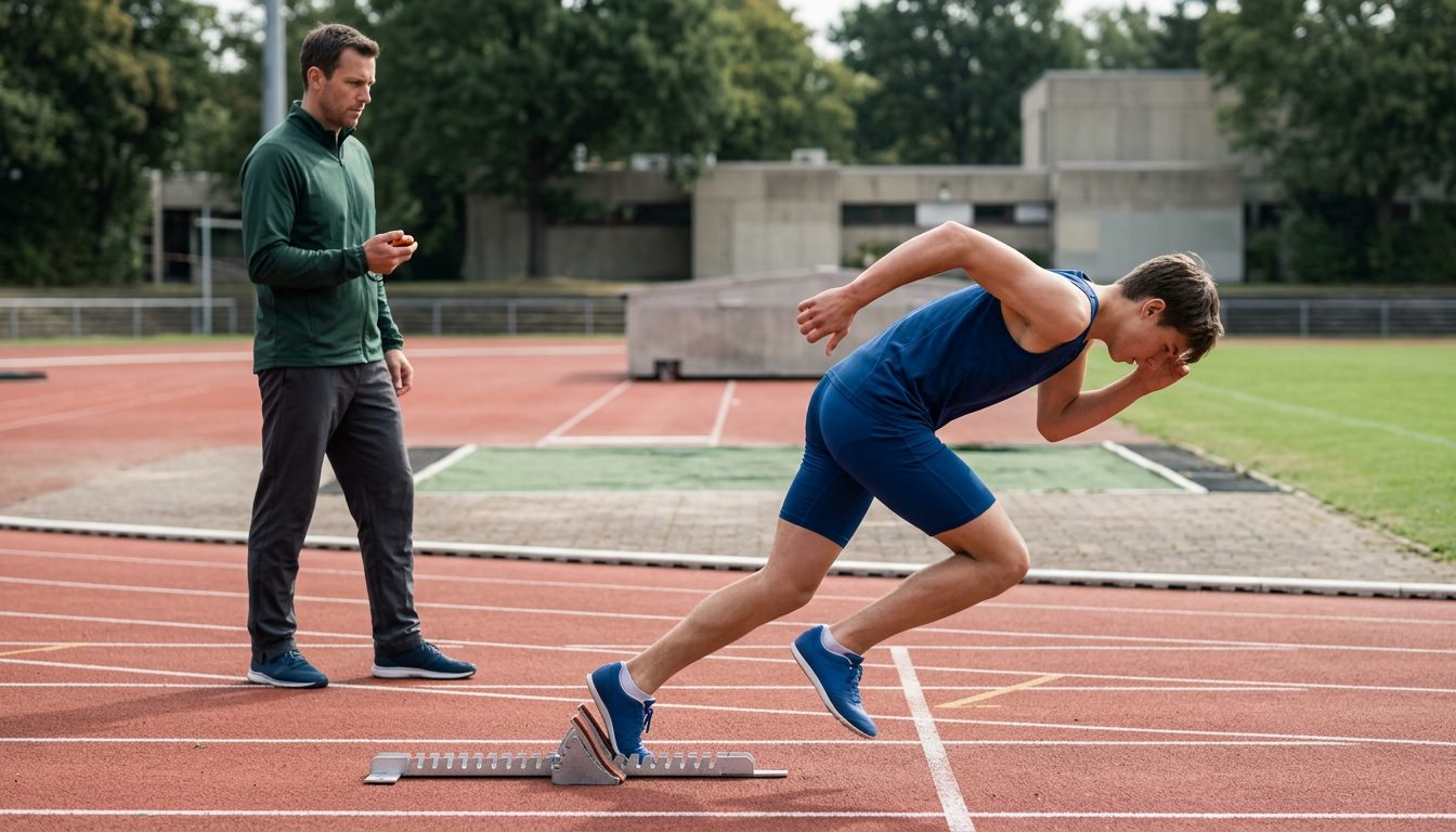 KI-generiertes Symbolbild: Jugendliche startet einen Sprint, Trainer beobachtet mit Stoppuhr, Thema Sportschule Kaderschule