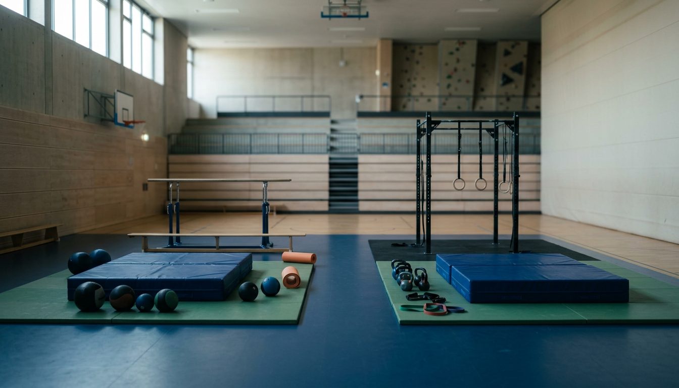 KI-generiertes Symbolbild: Halle zeigt zwei parallel aufgebaute Trainingsstationen, Thema Landes- vs Bundespolizei