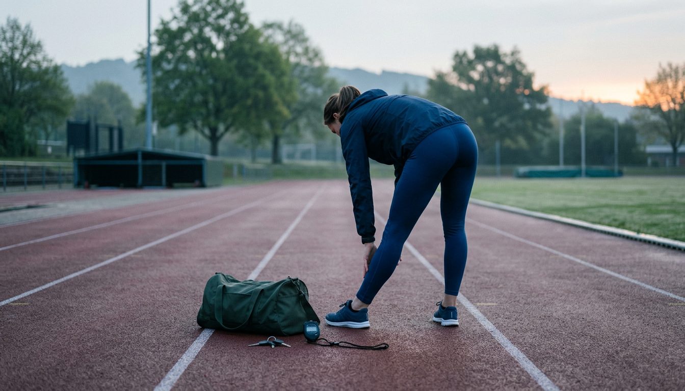KI-generiertes Symbolbild: Athletin dehnt sich bei Sonnenaufgang neben der Trainingstasche, Thema Trainingsplan Polizei