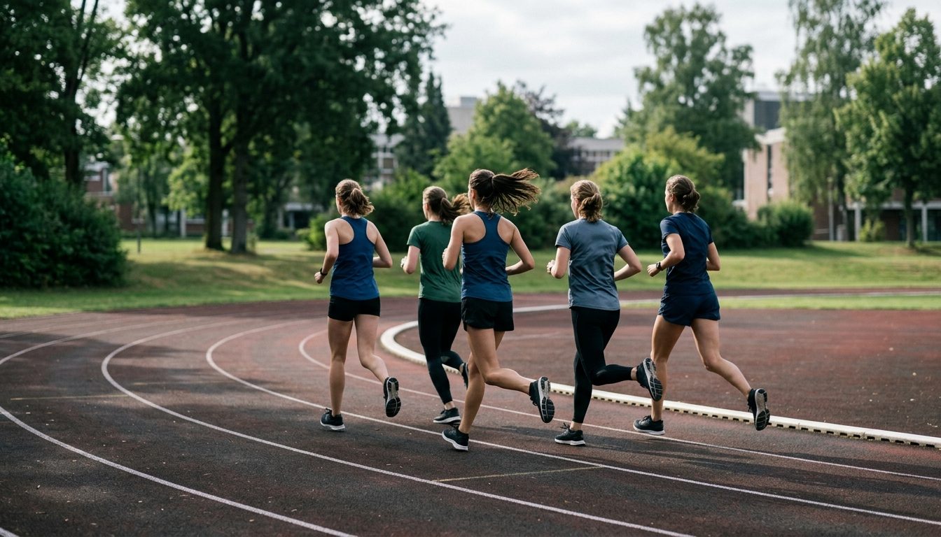 KI-generiertes Symbolbild: Gruppe junger Frauen läuft am Morgen auf der Bahn, Thema Sporttest Frauen