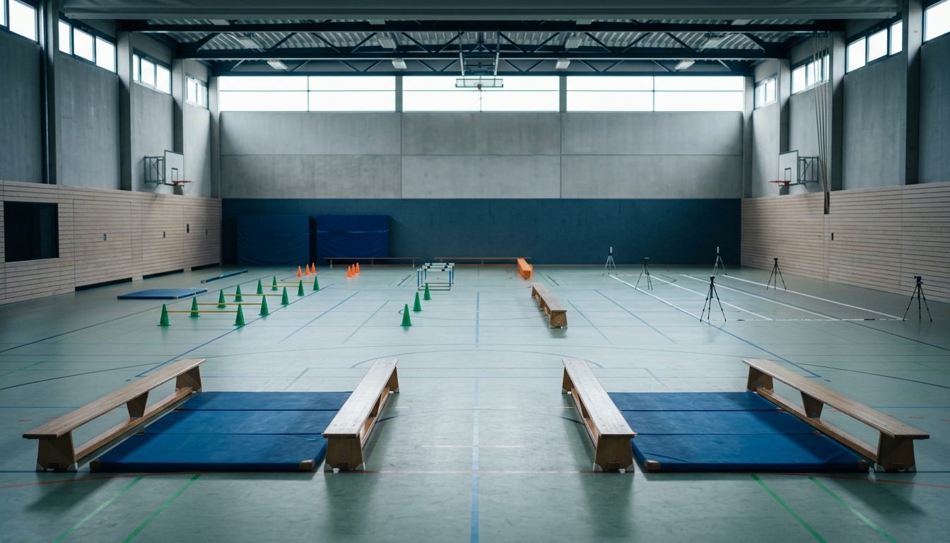 KI-generiertes Symbolbild: Große Sporthalle mit mehreren gleichzeitig aufgebauten Stationen, Thema BaySpET vs BW