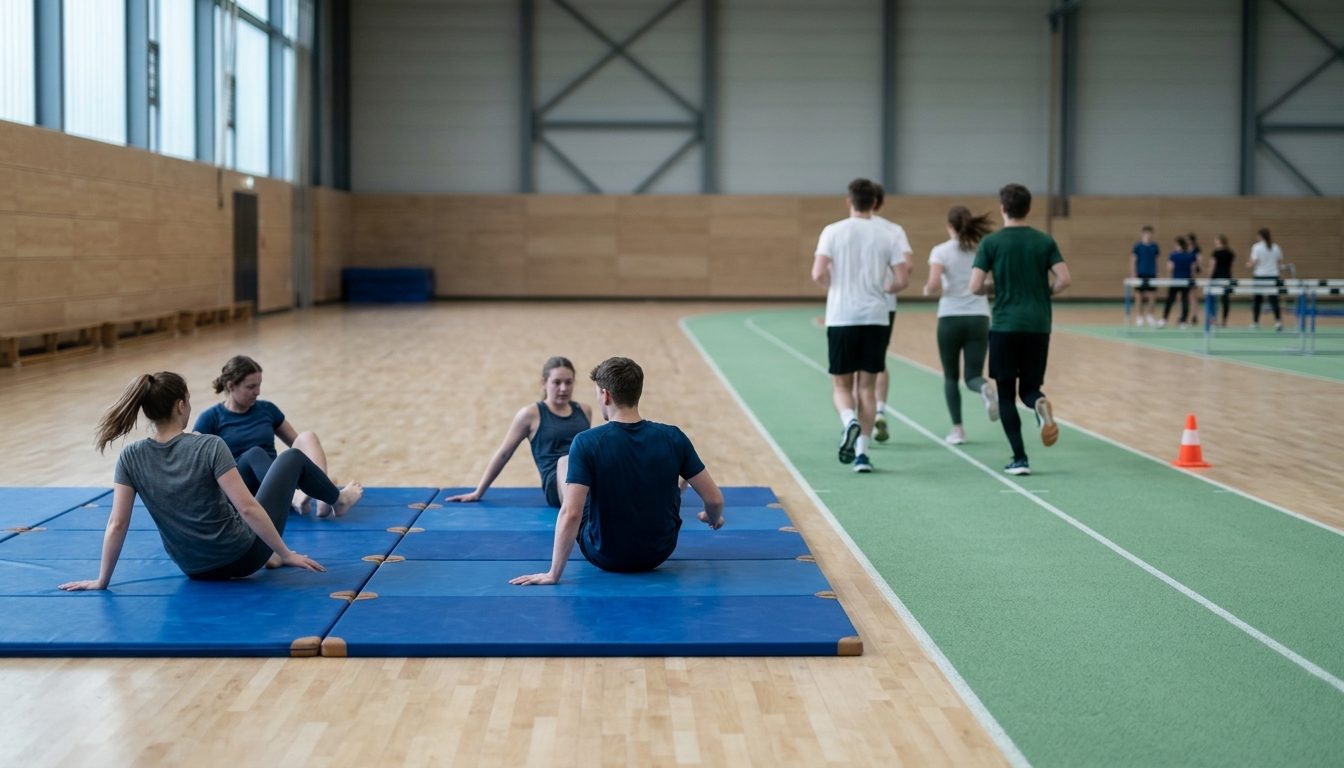 KI-generiertes Symbolbild: Zwei Gruppen trainieren getrennt in derselben Sporthalle, Thema Uni vs PH
