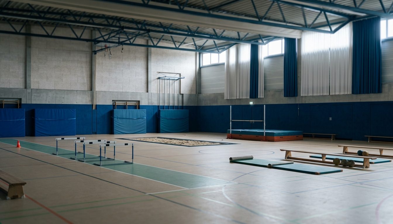 KI-generiertes Symbolbild: Sporthalle mit mehreren Stationen für einen Mehrkampf aufgebaut, Thema Leipzig Halle Jena