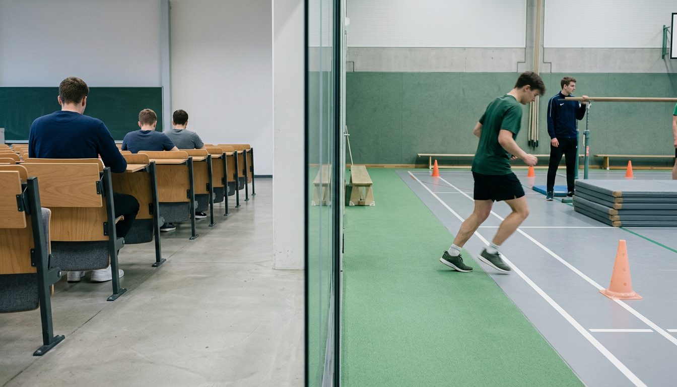 KI-generiertes Symbolbild: Hörsaal und Sporthalle stehen nebeneinander im Bild, Thema Lehramt vs Sportwissenschaft