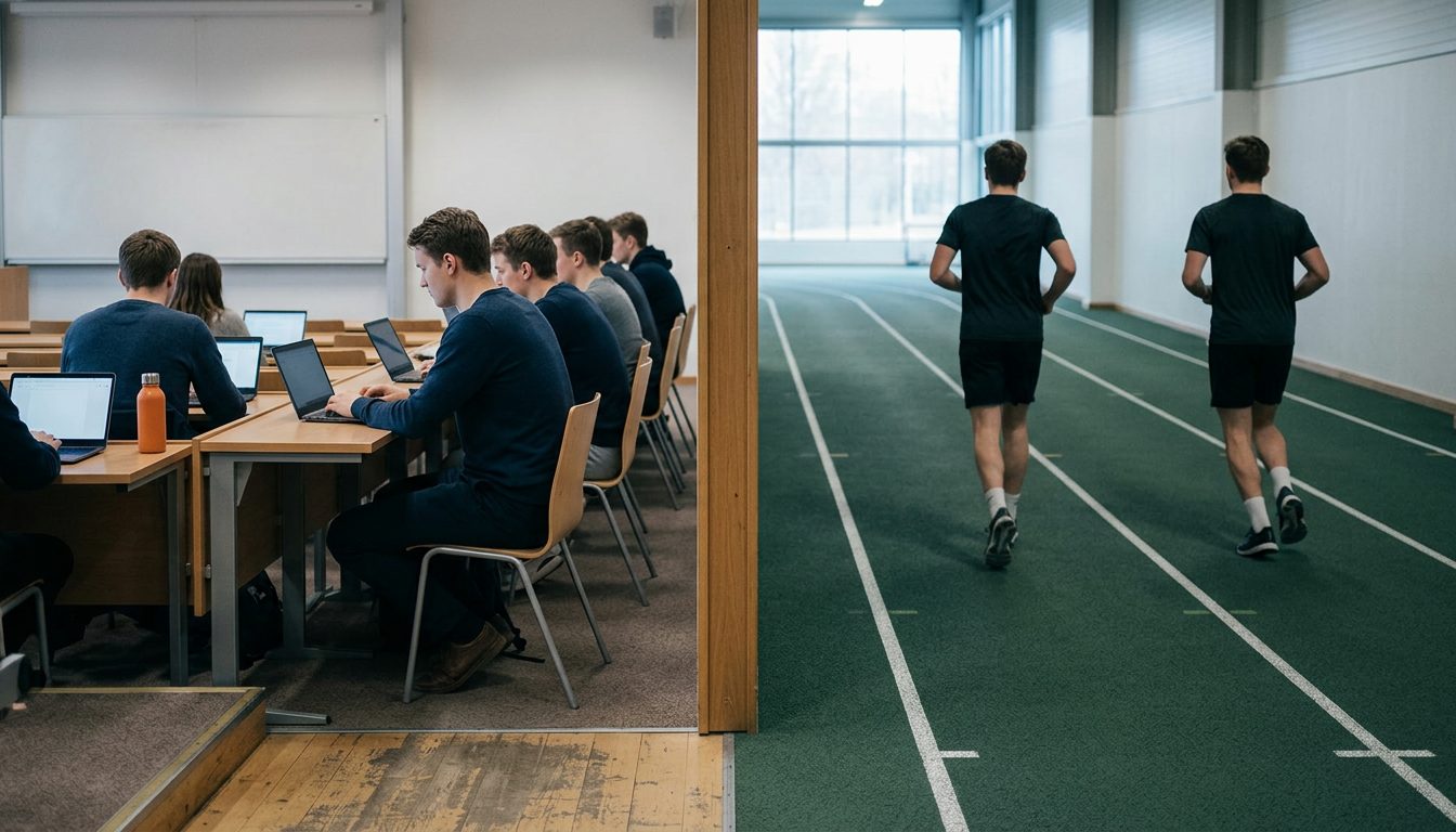 KI-generiertes Symbolbild: Hörsaal mit Laptops und Sporthalle mit Laufbahn nebeneinander, Thema Sportmanagement Eignungstest