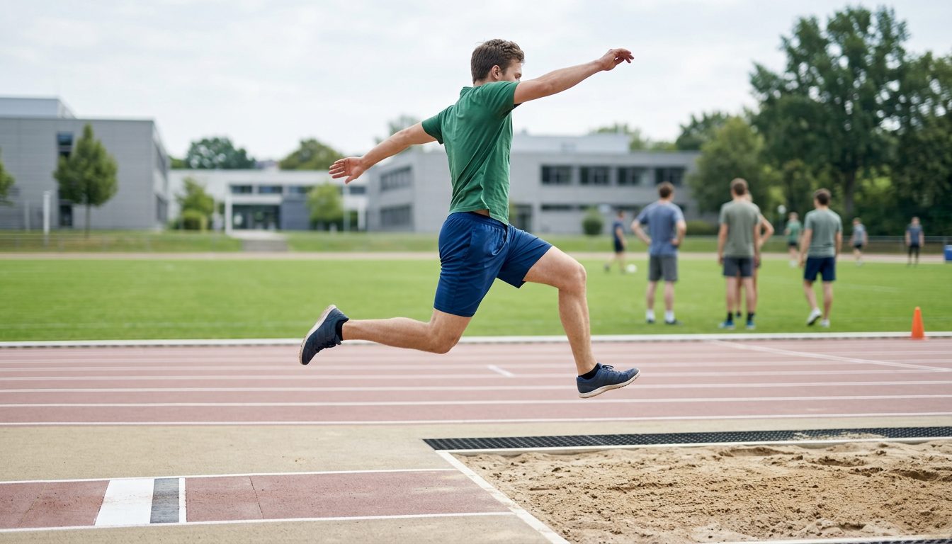 KI-generiertes Symbolbild: Athletin läuft und springt mitten in der Bewegung, Thema Sportabzeichen statt Test